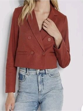 Express Women's Rust Red Double-Breasted Cropped Blazer